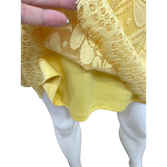 London Times Yellow Lace Dress 6 Overlay Lined Above Knee Round Neck Floral - Picture 8 of 16